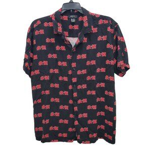 Forever 21 Men's Black Red Nagatsune Eternal All Over Kanji Print Button Up M